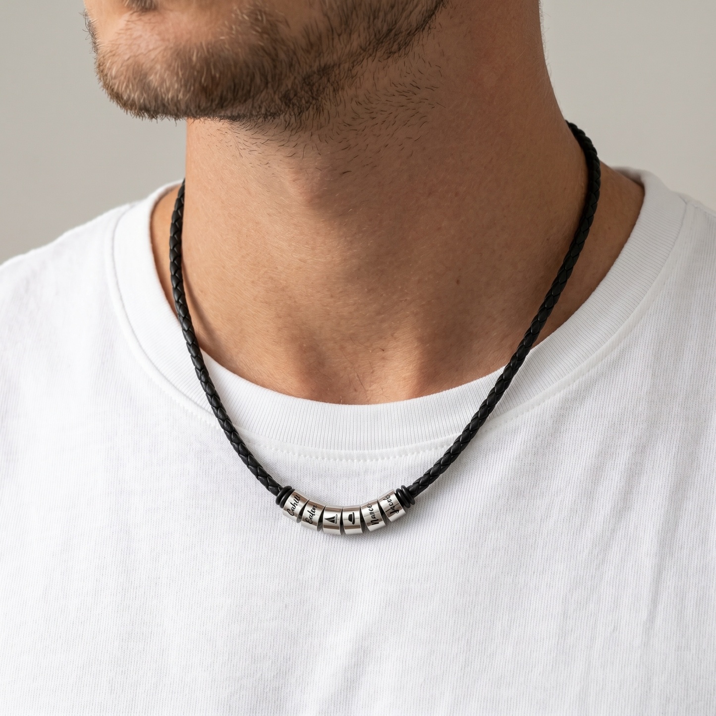 Personalised Braided PU Leather Name Bead Necklace for Men (1–6 Names)