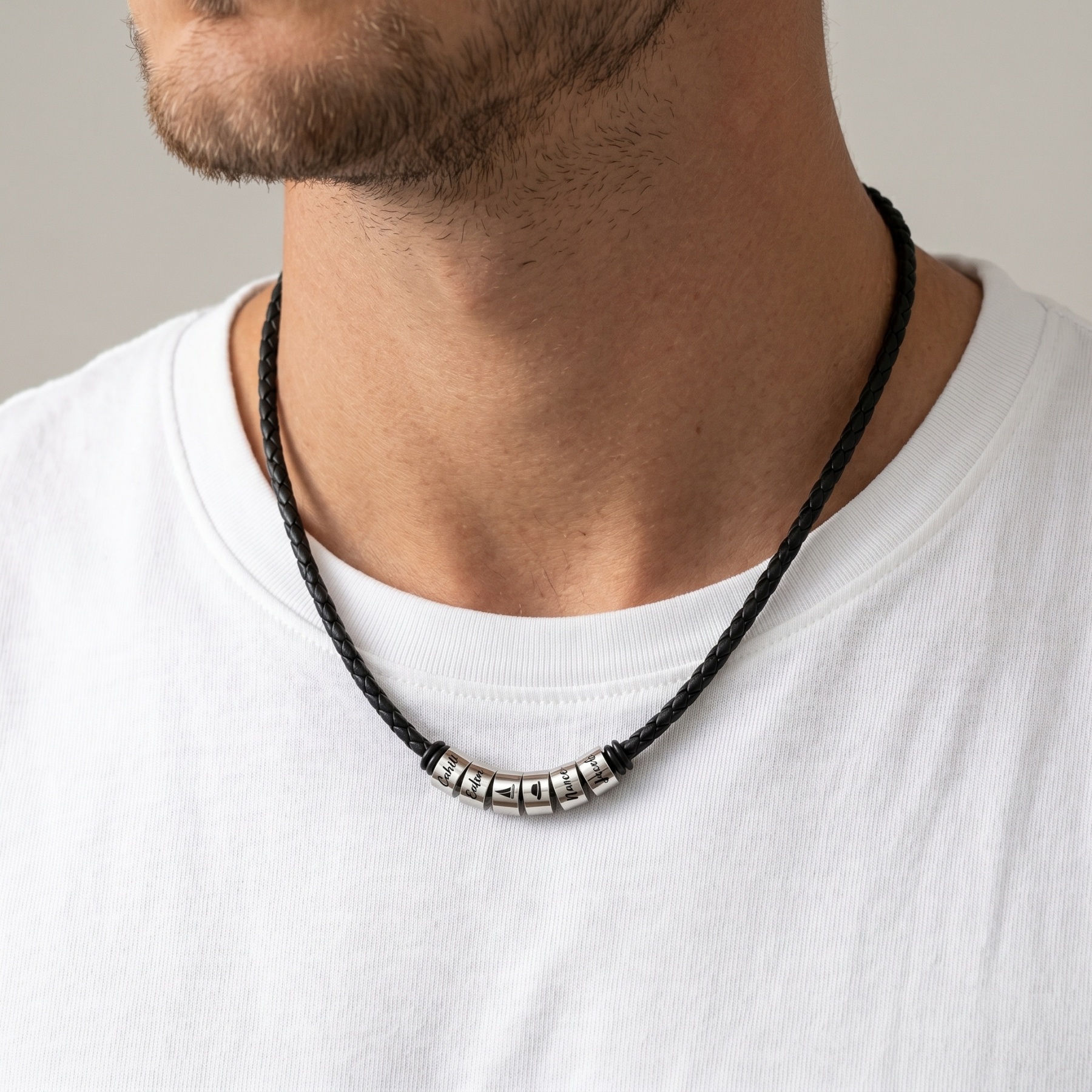 Personalised Braided PU Leather Name Bead Necklace for Men (1–6 Names)
