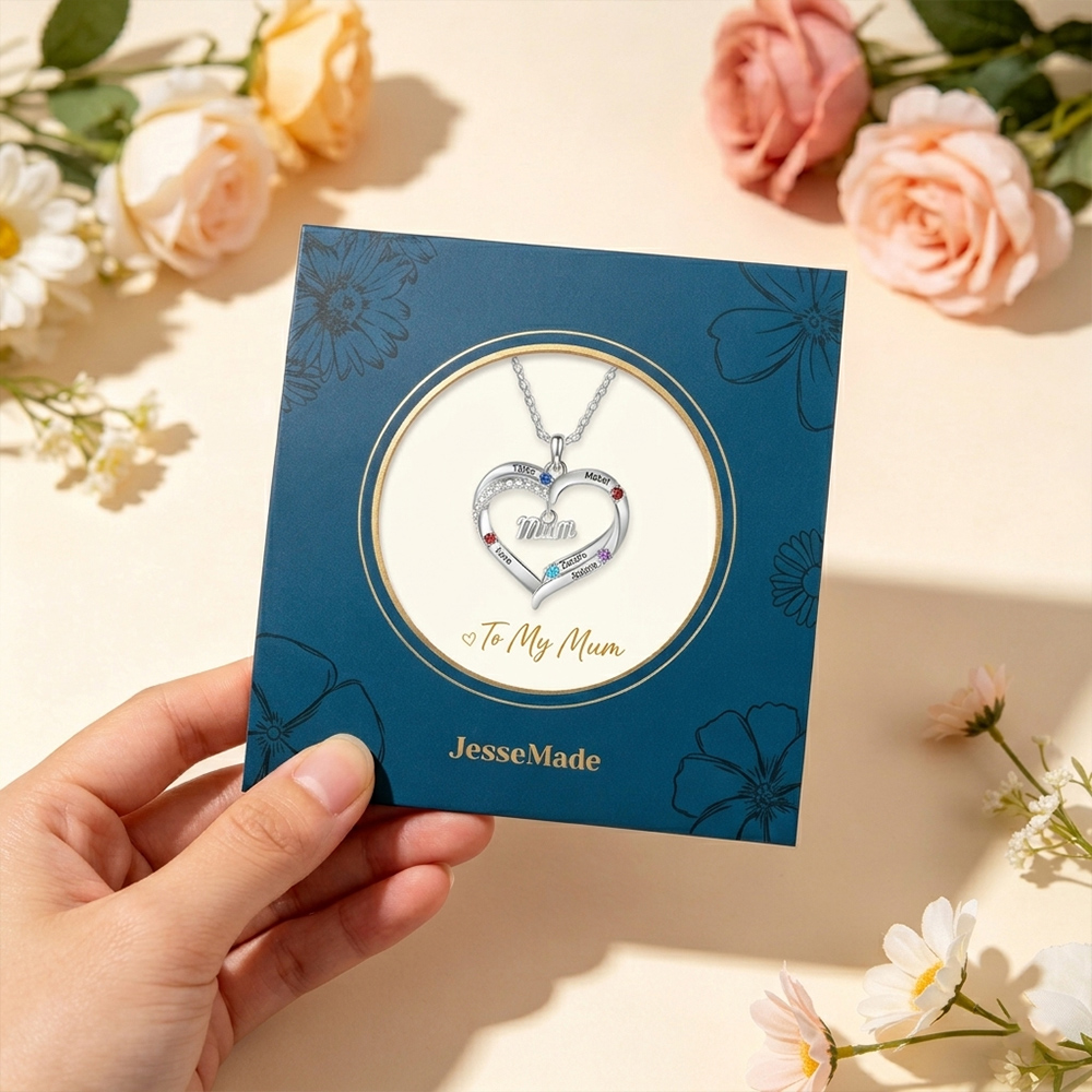 Personalised 2-5 Names Mum Nan Heart Necklace with Birthstones