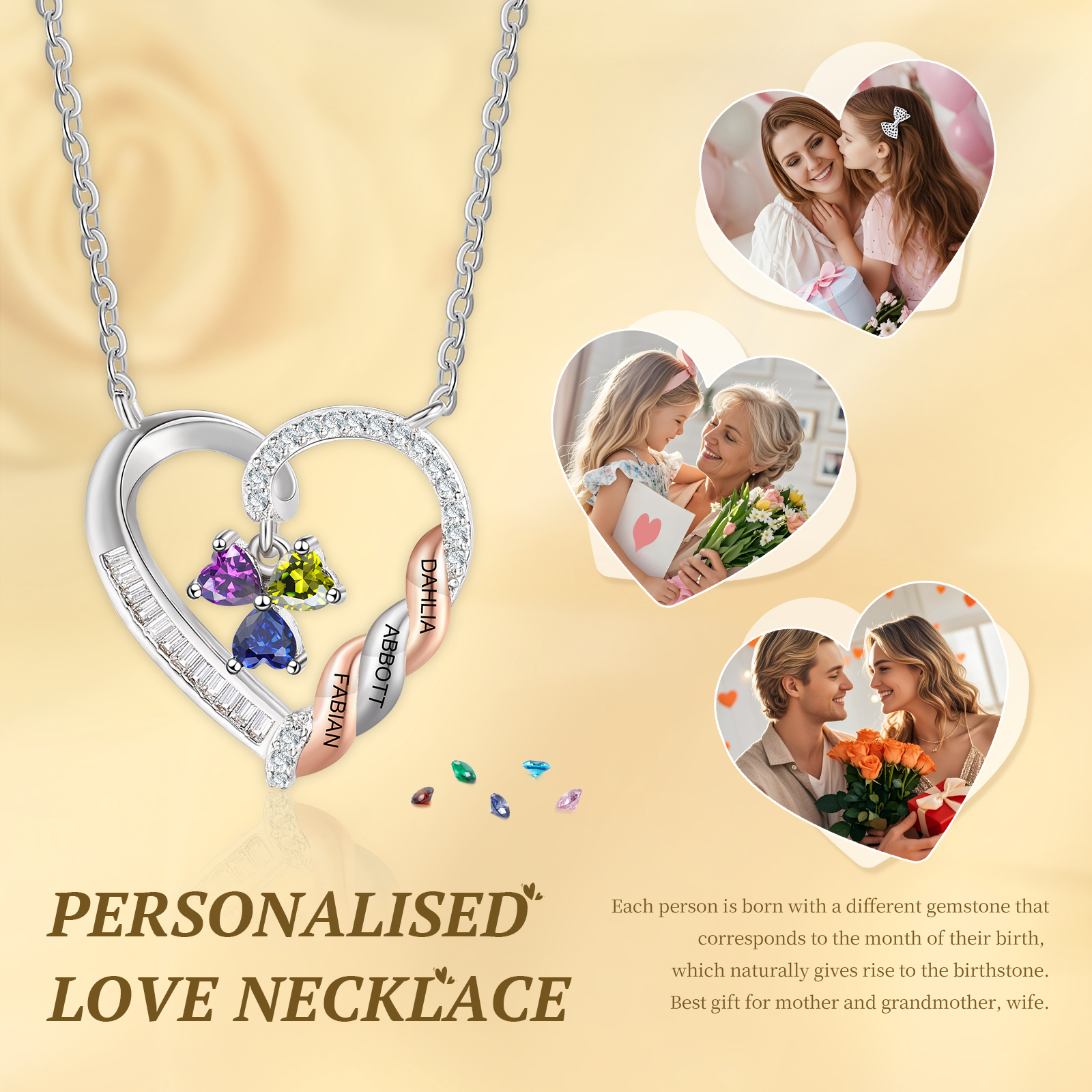 Personalised 2-4 Birthstones Heart Necklace