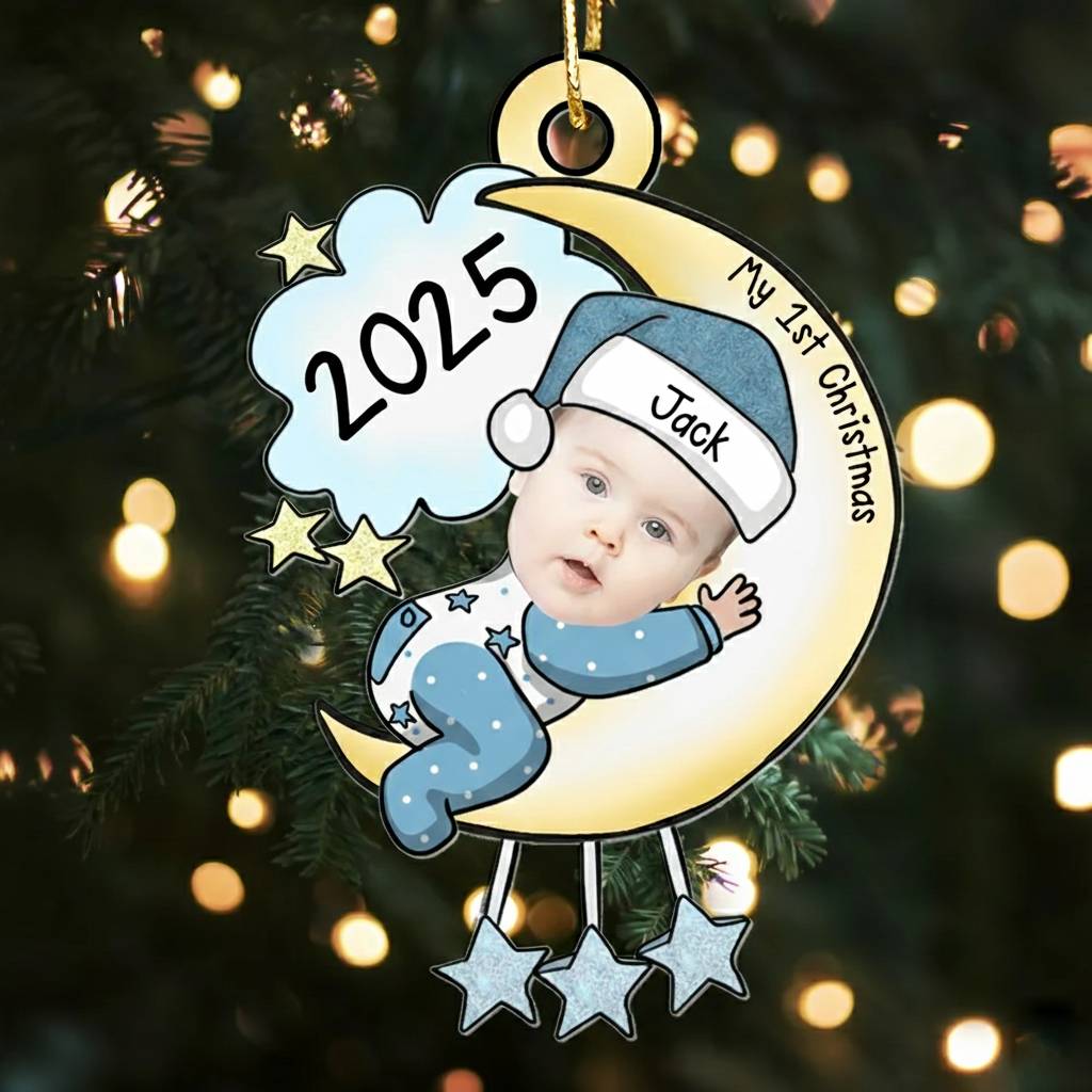 Custom Name Baby’s First Christmas Ornament Personalised Moon and Stars 2024 Keepsake | Jessemade