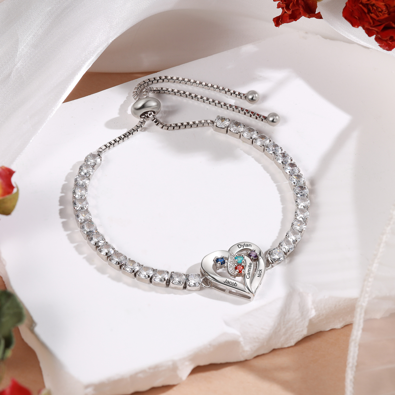 Personalised 2-5 Names Diamond Heart Birthstone Tennis Bracelet
