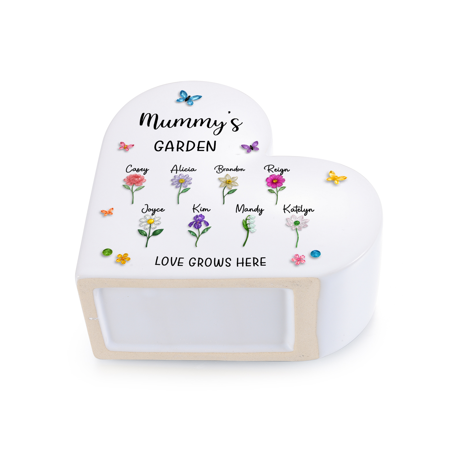 Personalised Ceramic Heart Vase with 1 to 10 Names and Birth Flowers for Mum/Grandma