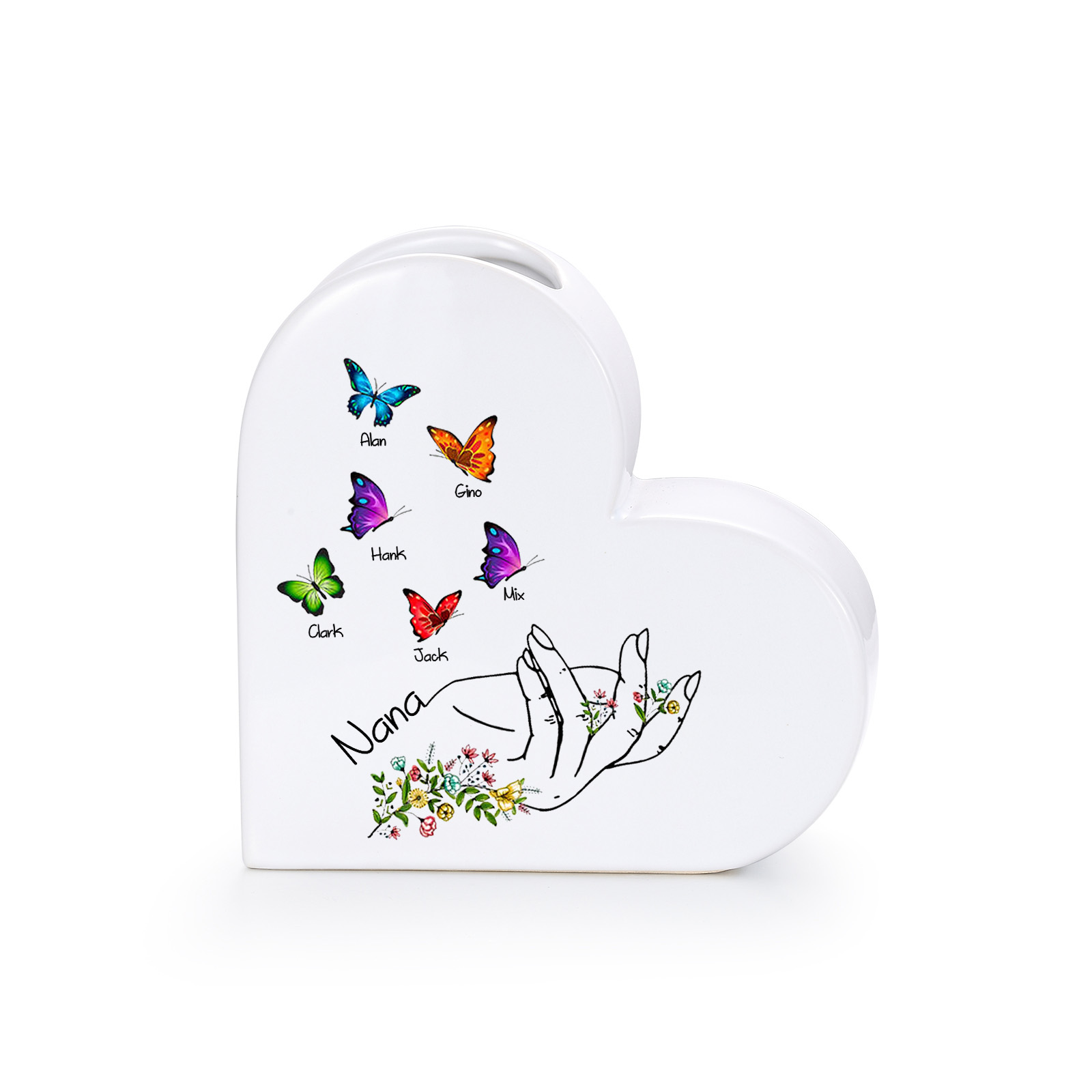 Personalised 2-8 Names Heart Ceramic Nana Vase with Butterflies
