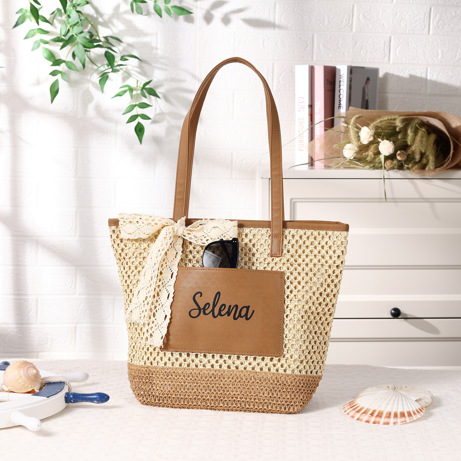 Personalised Straw Tote Bag Custom Name Brown Versatile Gift for Mum Friends Birthday | Jessemade