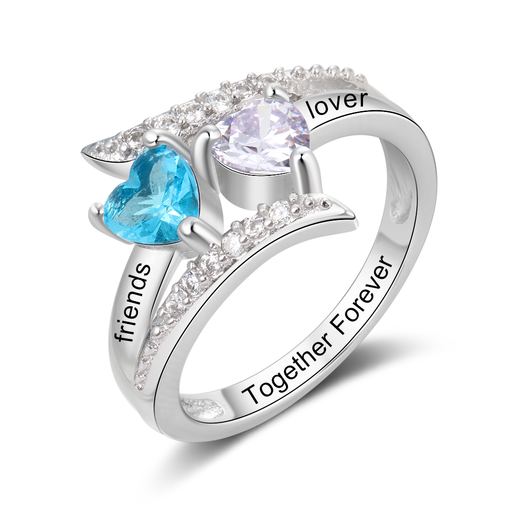 Personalised Double Heart Birthstone Ring with Engraving for Her