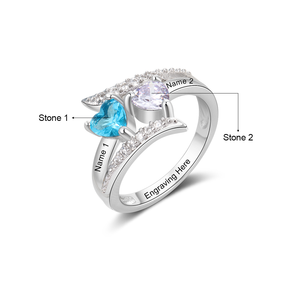 Personalised Double Heart Birthstone Ring with Engraving for Her