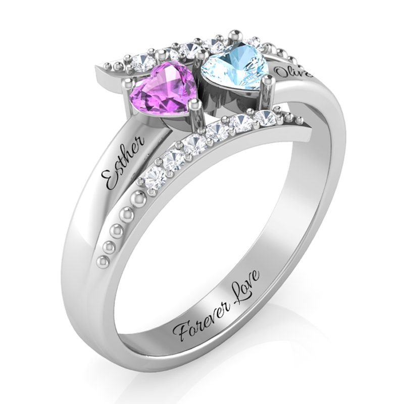 Personalised Double Heart Birthstone Ring with Engraving for Her