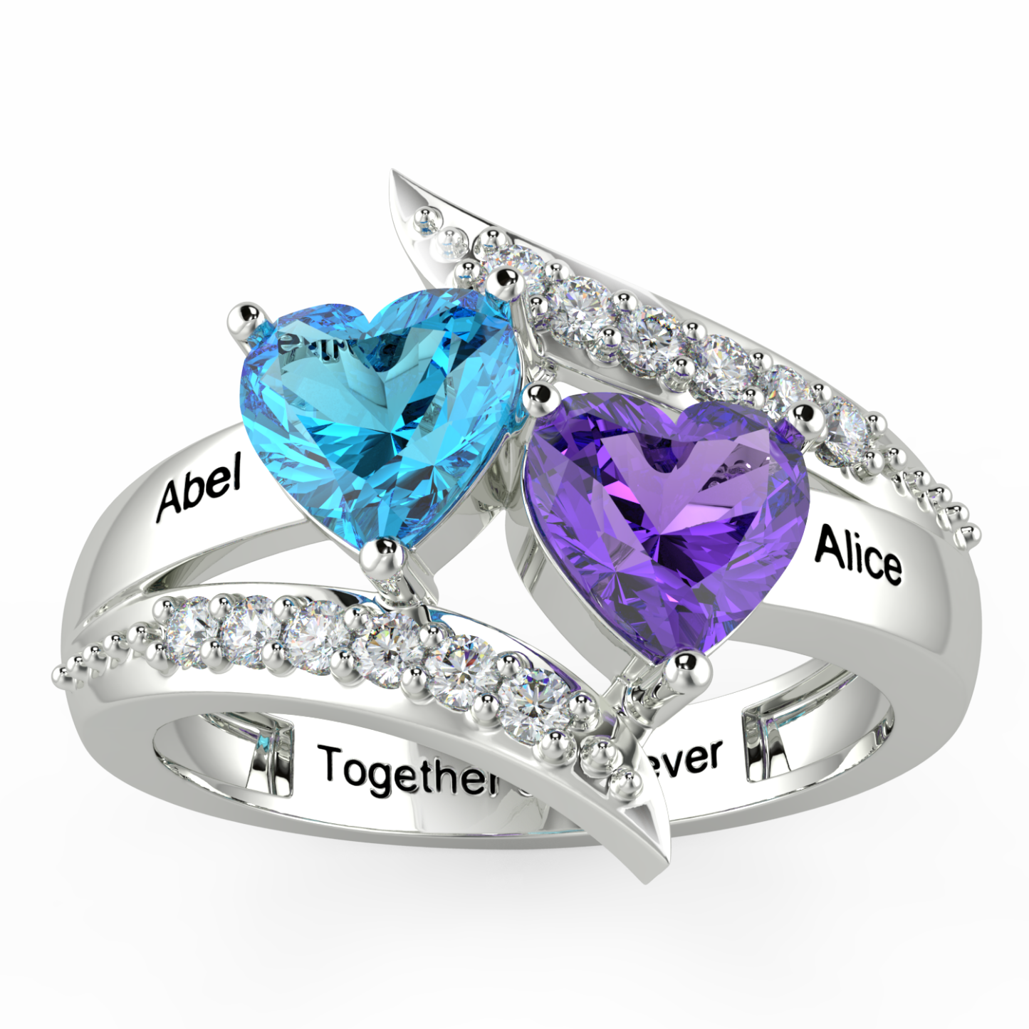 Personalised Double Heart Birthstone Ring with Engraving for Her