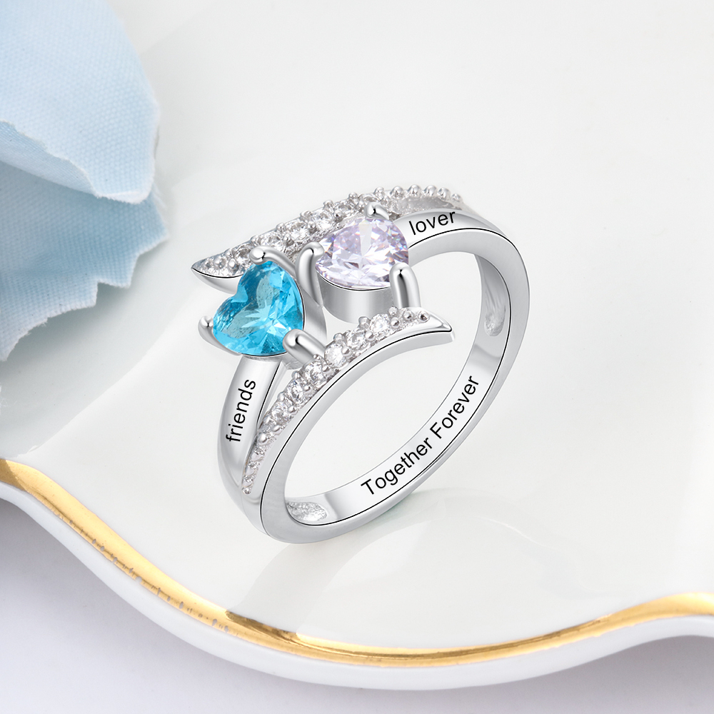 Personalised Double Heart Birthstone Ring with Engraving for Her