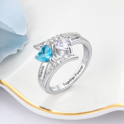 Personalised Double Heart Birthstone Ring with Engraving for Her