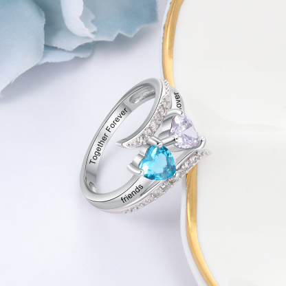 Personalised Double Heart Birthstone Ring with Engraving for Her