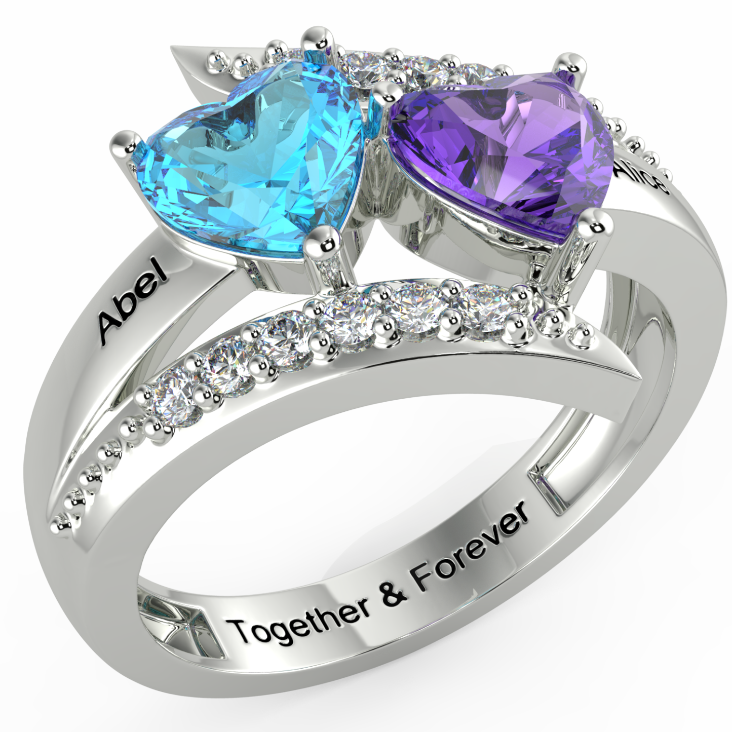 Personalised Double Heart Birthstone Ring with Engraving for Her