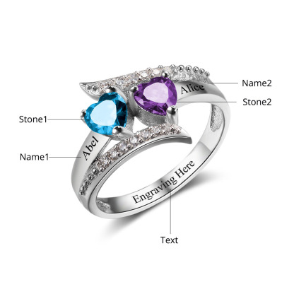 Personalised Double Heart Birthstone Ring with Engraving for Her