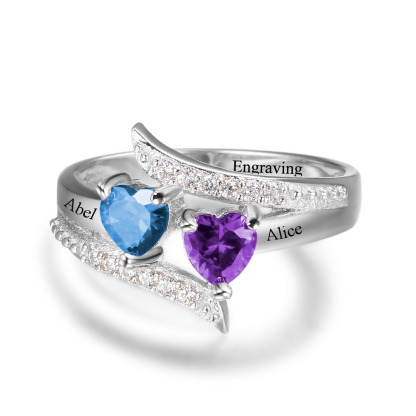 Personalised Double Heart Birthstone Ring with Engraving for Her