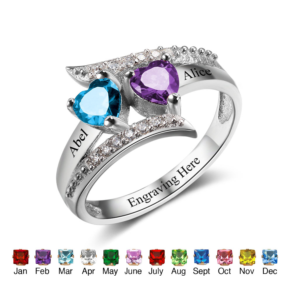 Personalised Double Heart Birthstone Ring with Engraving for Her