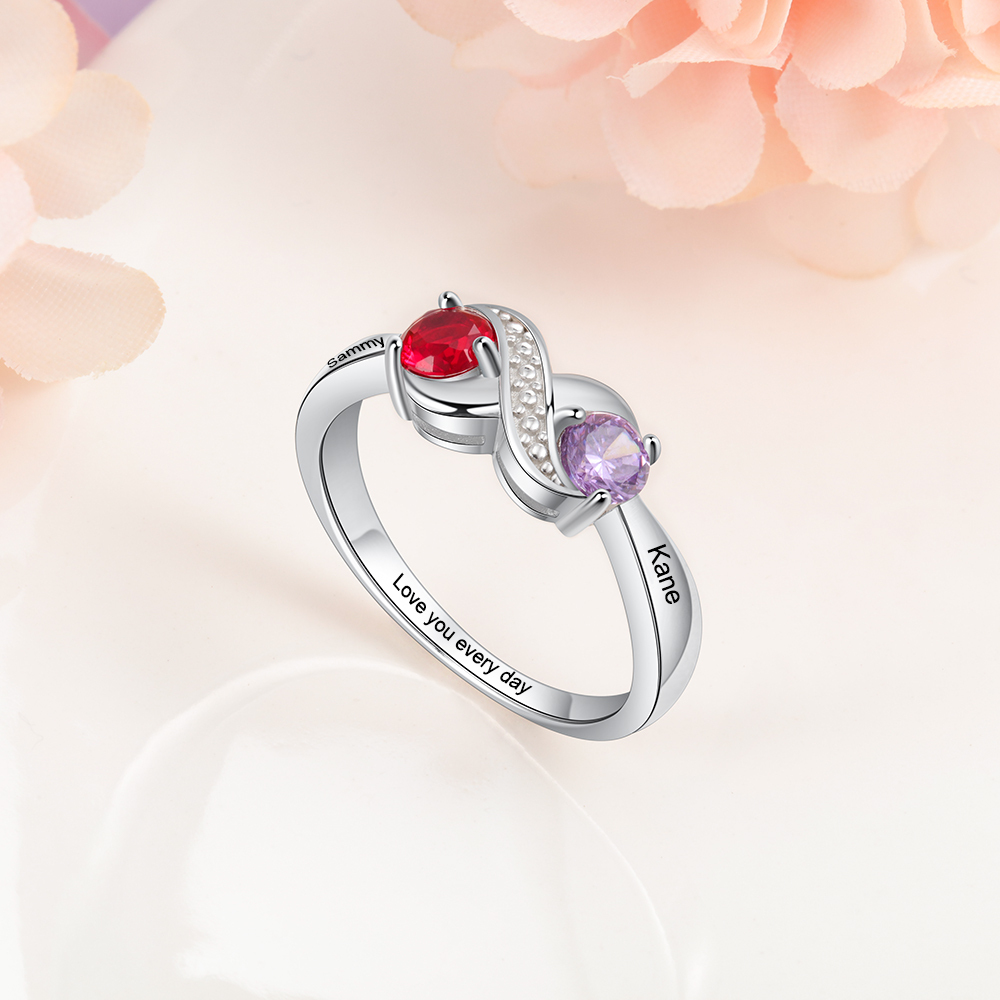 Personalised Birthstone Infinity Ring - Custom 2 Names & Engraving Ring Gifts For Her | Jessmade
