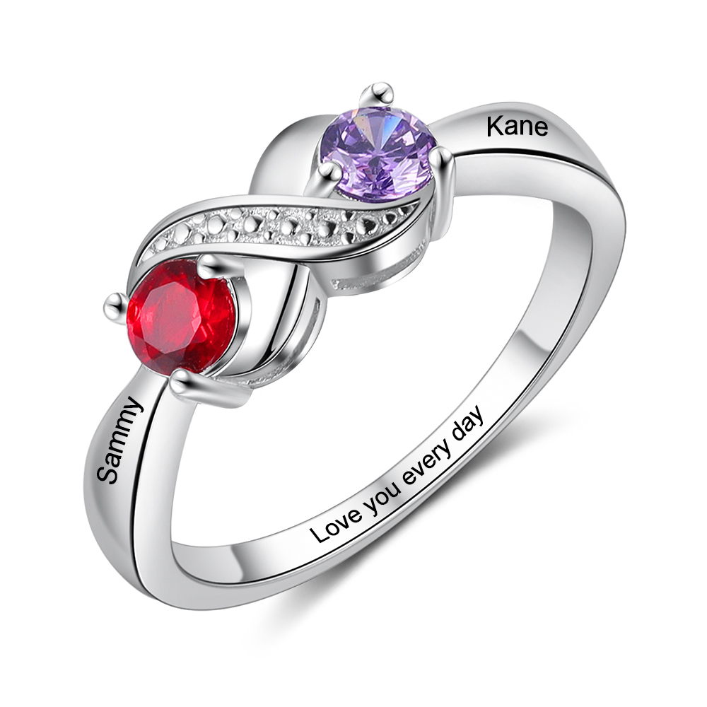 Personalised Birthstone Infinity Ring - Custom 2 Names & Engraving Rin
