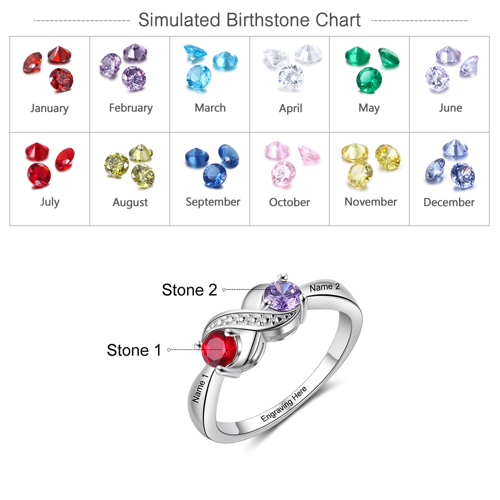Personalised Birthstone Infinity Ring - Custom 2 Names & Engraving Ring Gifts For Her | Jessmade
