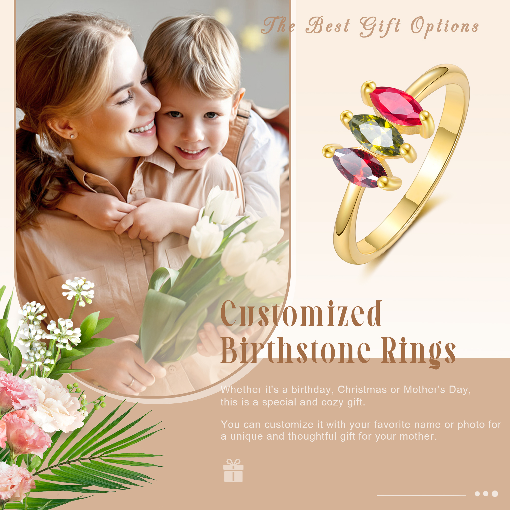 3 Birthstones - Personalised Birthstone Beautiful Ring, Custom Gift for Her