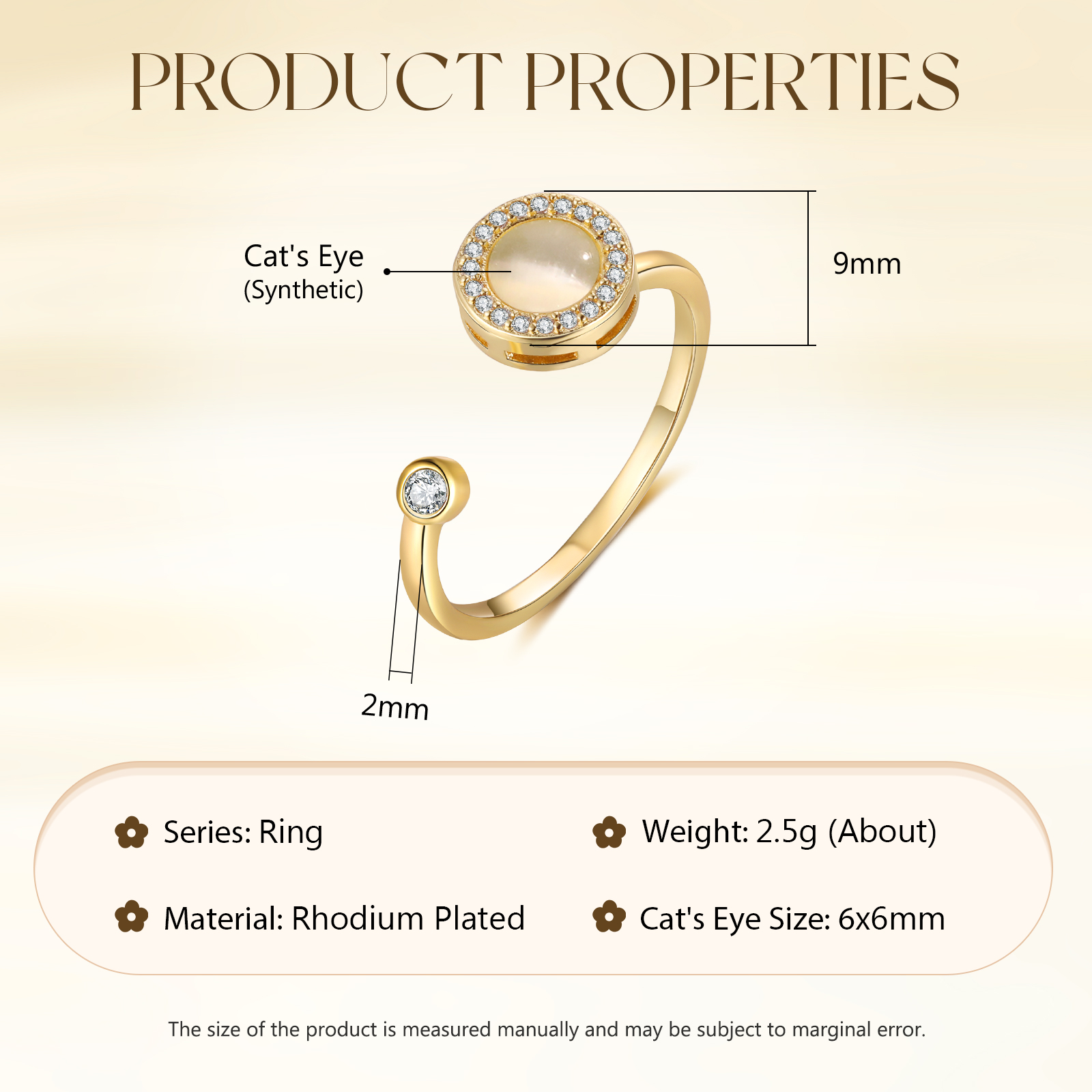 Adjustable Gold-Plated Cat's Eye Ring with Cubic Zirconia Accents - Elegant and Stylish Gift for Women | Jessmade