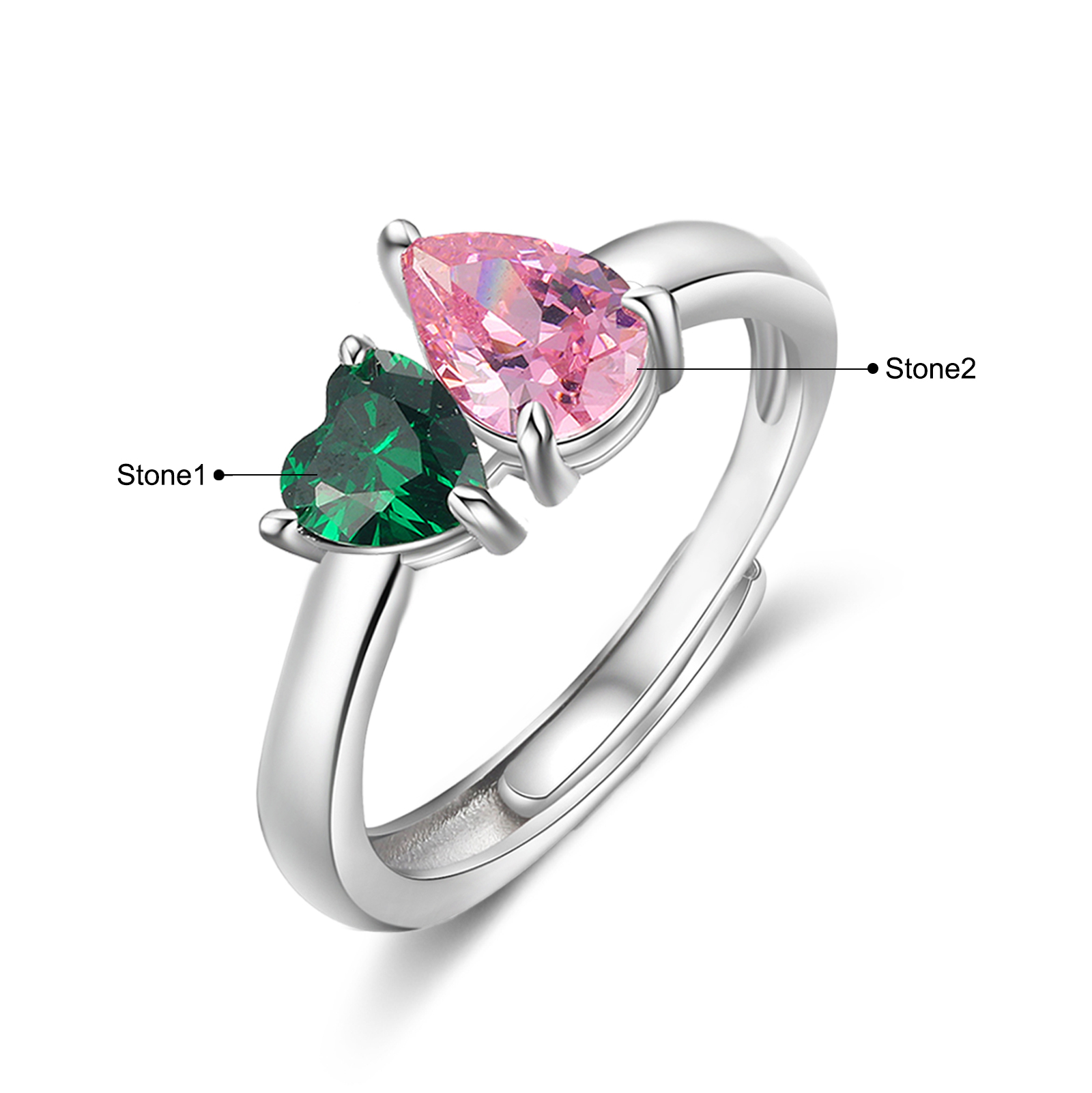 Personalised Heart-Shaped Birthstone Ring – Custom 2 Birthstones Gift for Her | Jessemade