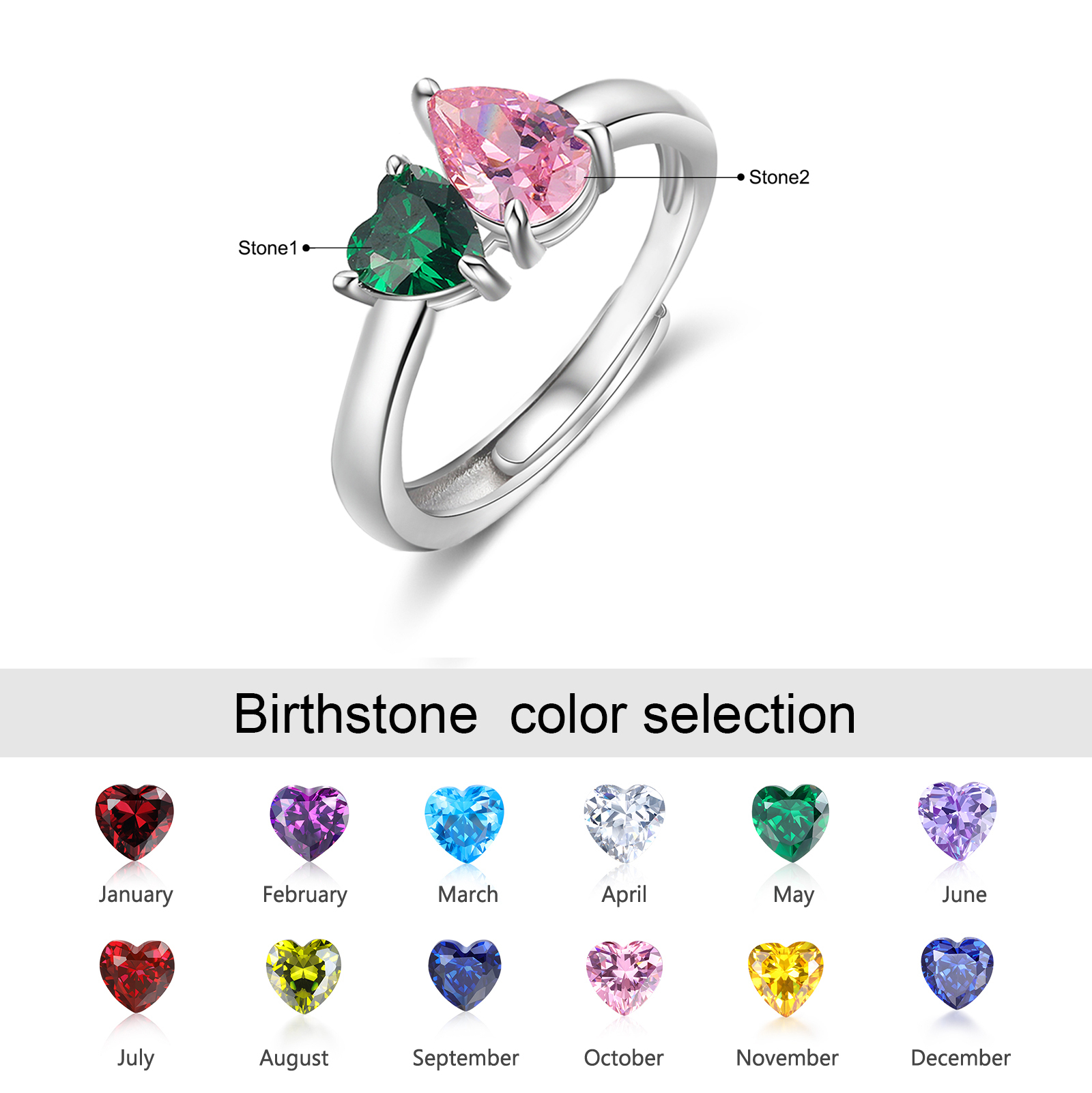 Personalised Heart-Shaped Birthstone Ring – Custom 2 Birthstones Gift for Her | Jessemade