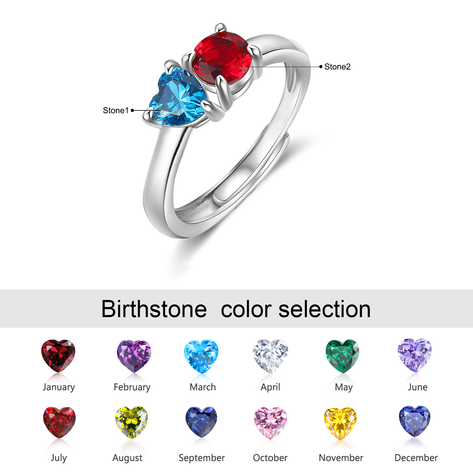 Personalised Heart-Shaped Birthstone Ring – Custom 2 Birthstones Gift for Her | Jessemade