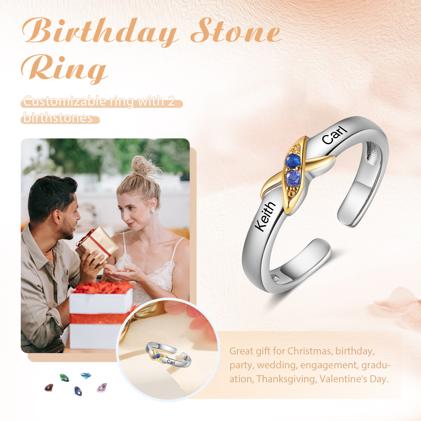 2 Birthstones - Personalized 2 Birthstones & 2 Names Beautiful Ring, a Customized Gift for Her