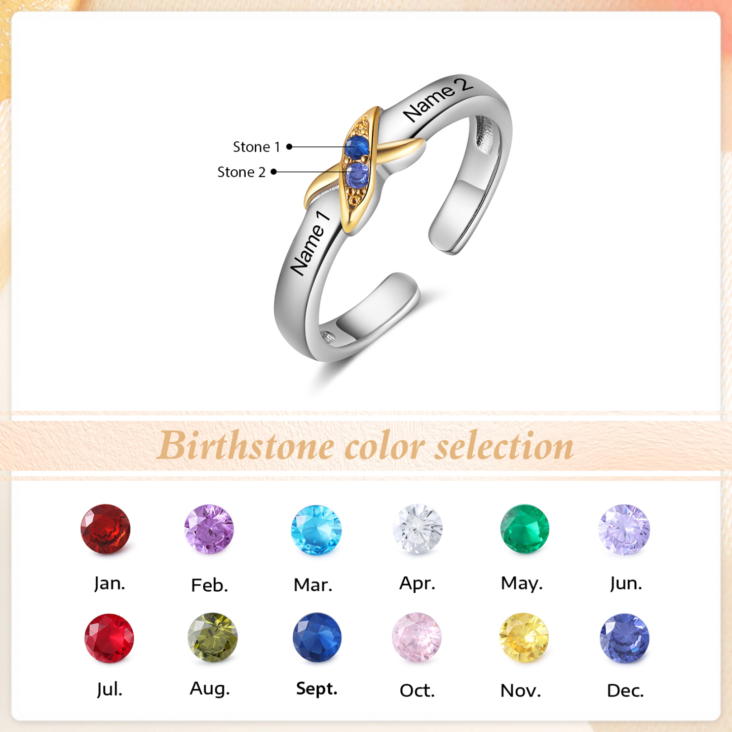 2 Birthstones - Personalized 2 Birthstones & 2 Names Beautiful Ring, a Customized Gift for Her