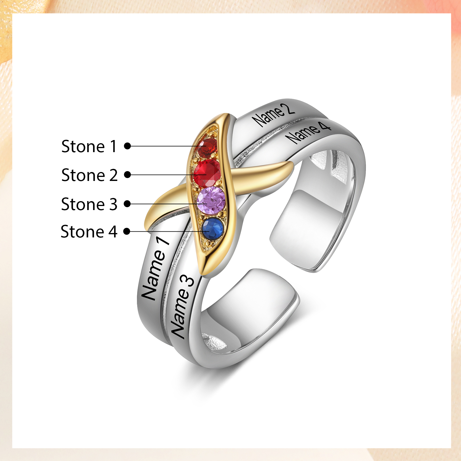 4 Birthstones - Personalized 4 Birthstones & 4 Names Beautiful Ring, a Customized Gift for Her