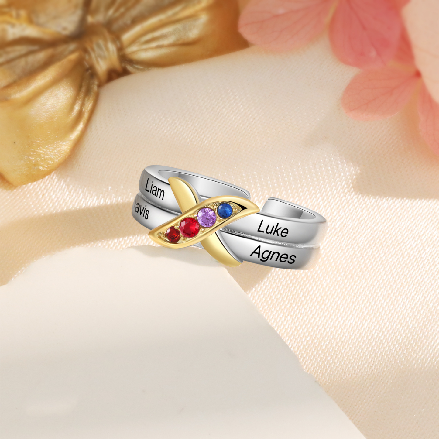 4 Birthstones - Personalized 4 Birthstones & 4 Names Beautiful Ring, a Customized Gift for Her