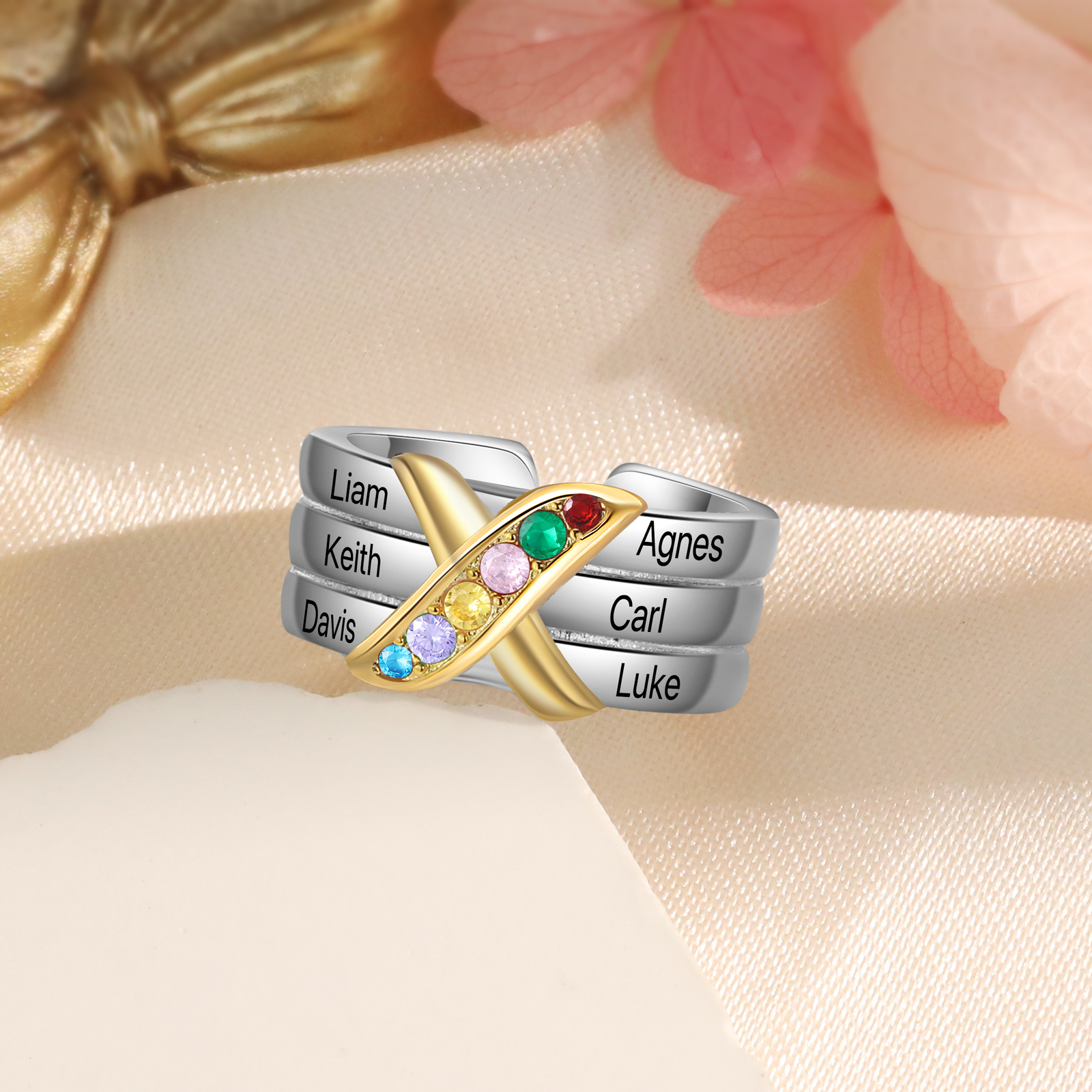6 Birthstones - Personalized 6 Birthstones & 6 Names Beautiful Ring, a Customized Gift for Her