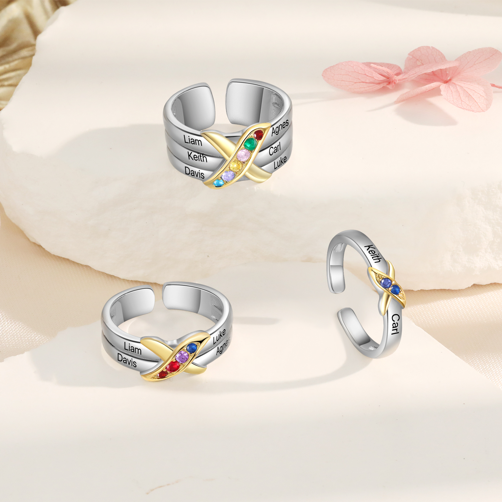 4 Birthstones - Personalized 4 Birthstones & 4 Names Beautiful Ring, a Customized Gift for Her