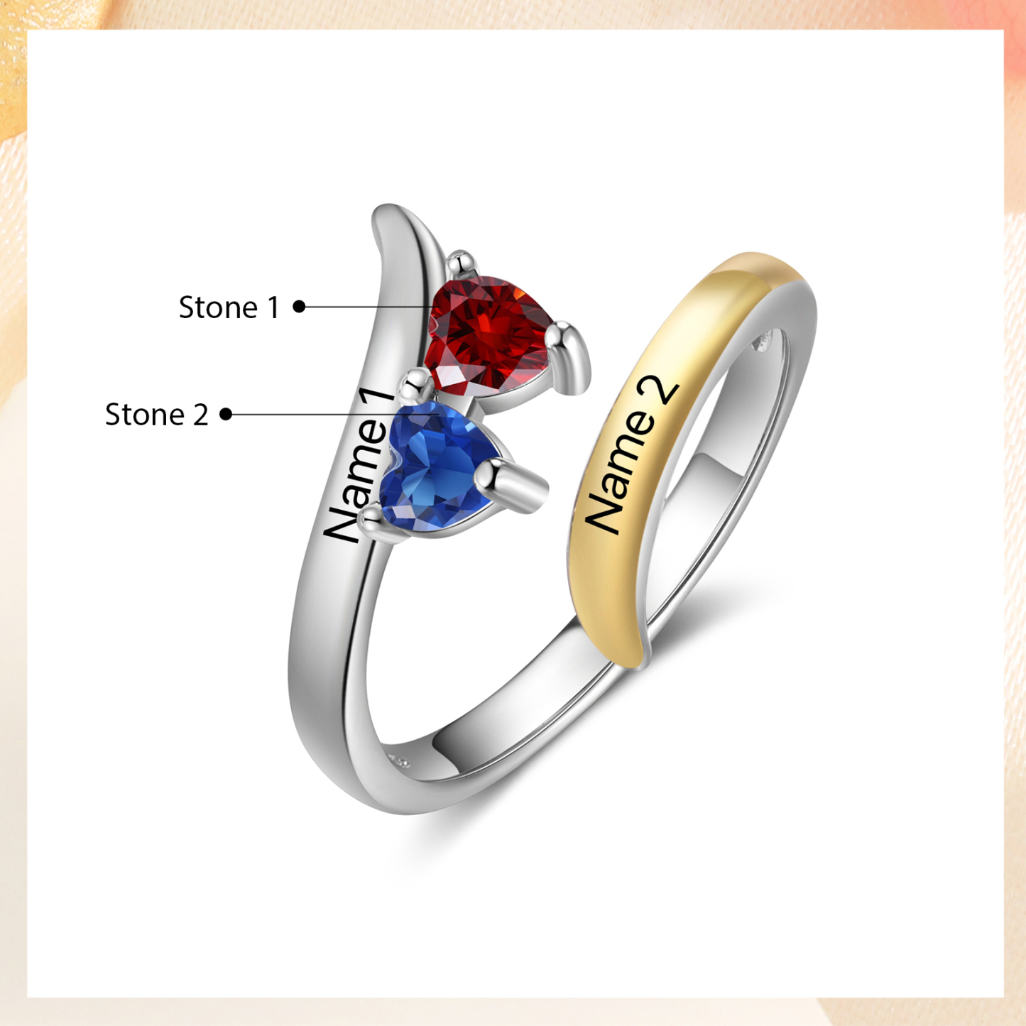 2 Names - Personalized 2 Birthstones and 2 Names Beautiful Ring, Customized Gift for Her