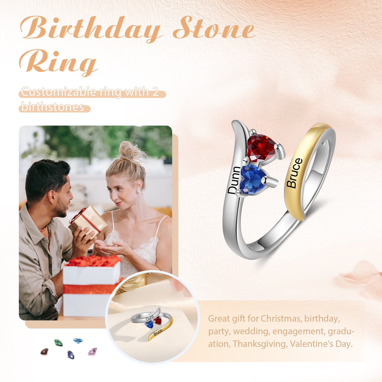 2 Names - Personalized 2 Birthstones and 2 Names Beautiful Ring, Customized Gift for Her