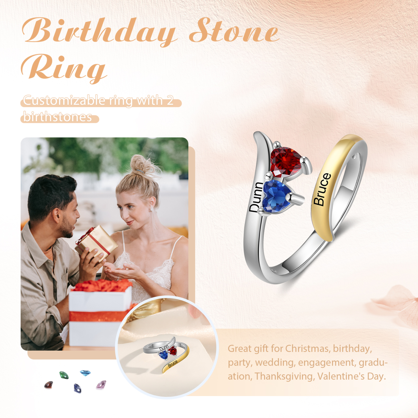2 Names - Personalized 2 Birthstones and 2 Names Beautiful Ring, Customized Gift for Her
