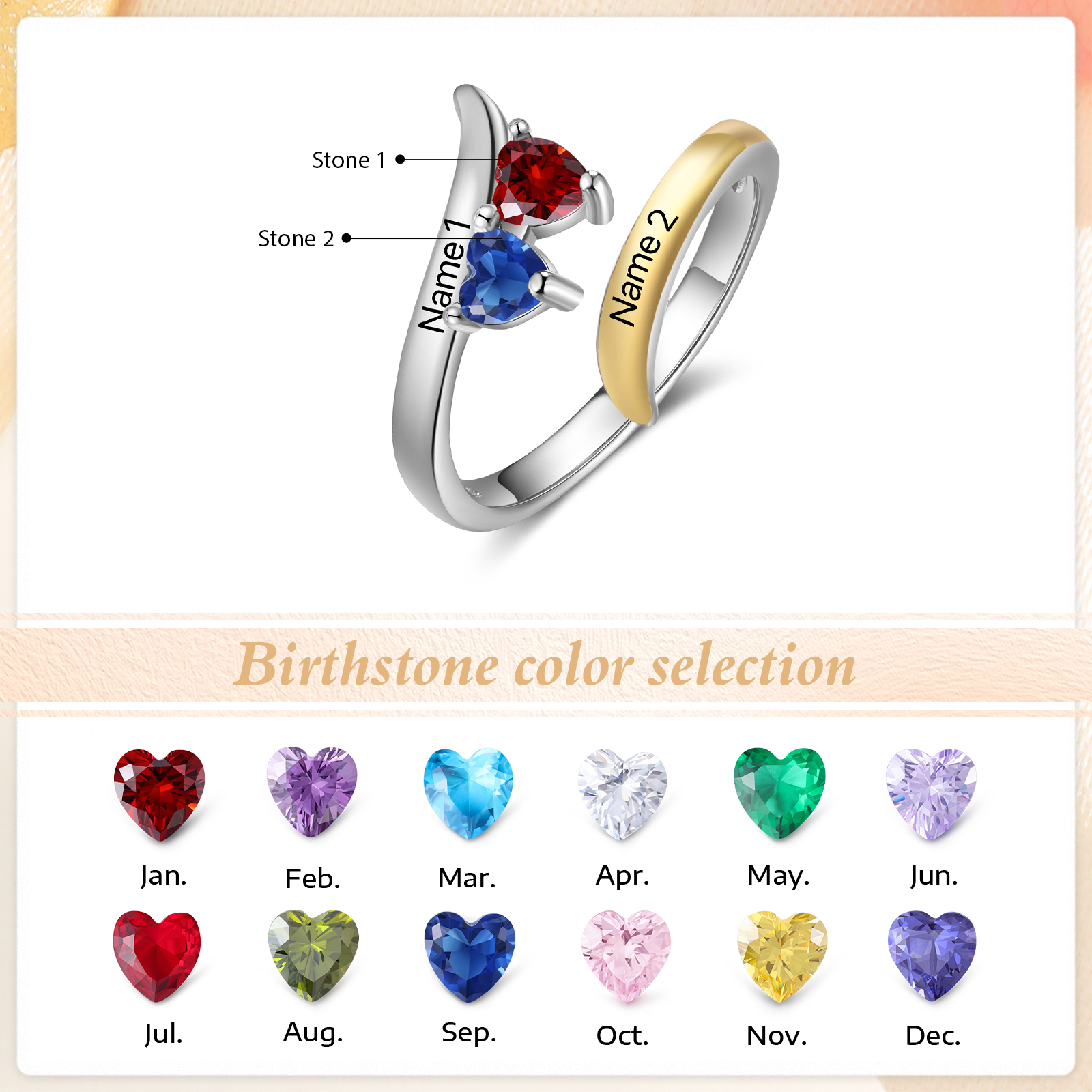 2 Names - Personalized 2 Birthstones and 2 Names Beautiful Ring, Customized Gift for Her