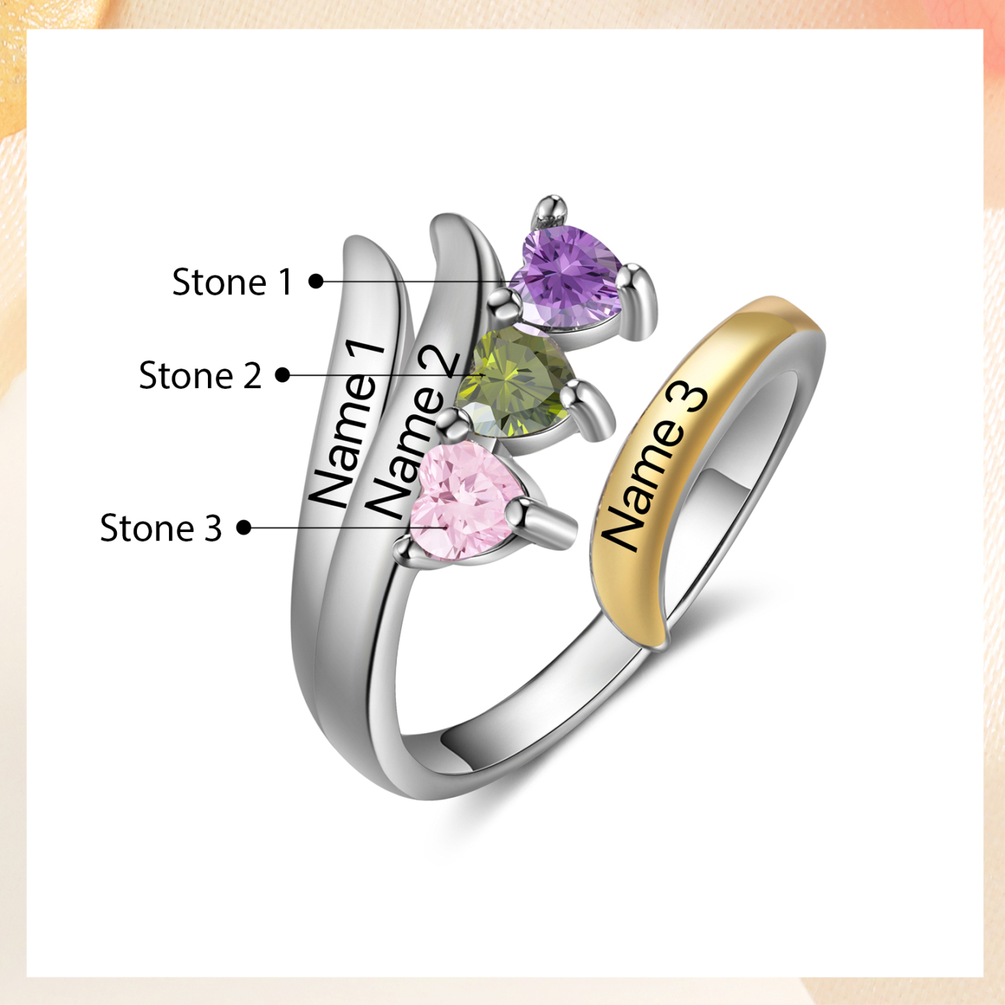 3 Names - Personalized 3 Birthstones and 3 Names Beautiful Ring, Customized Gift for Her