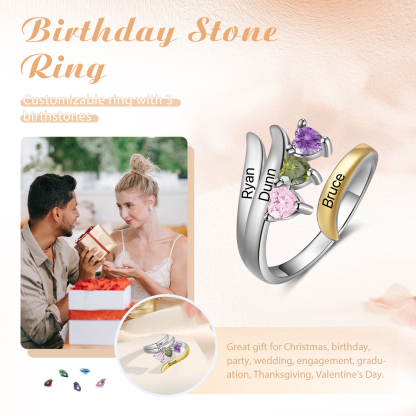 3 Names - Personalized 3 Birthstones and 3 Names Beautiful Ring, Customized Gift for Her
