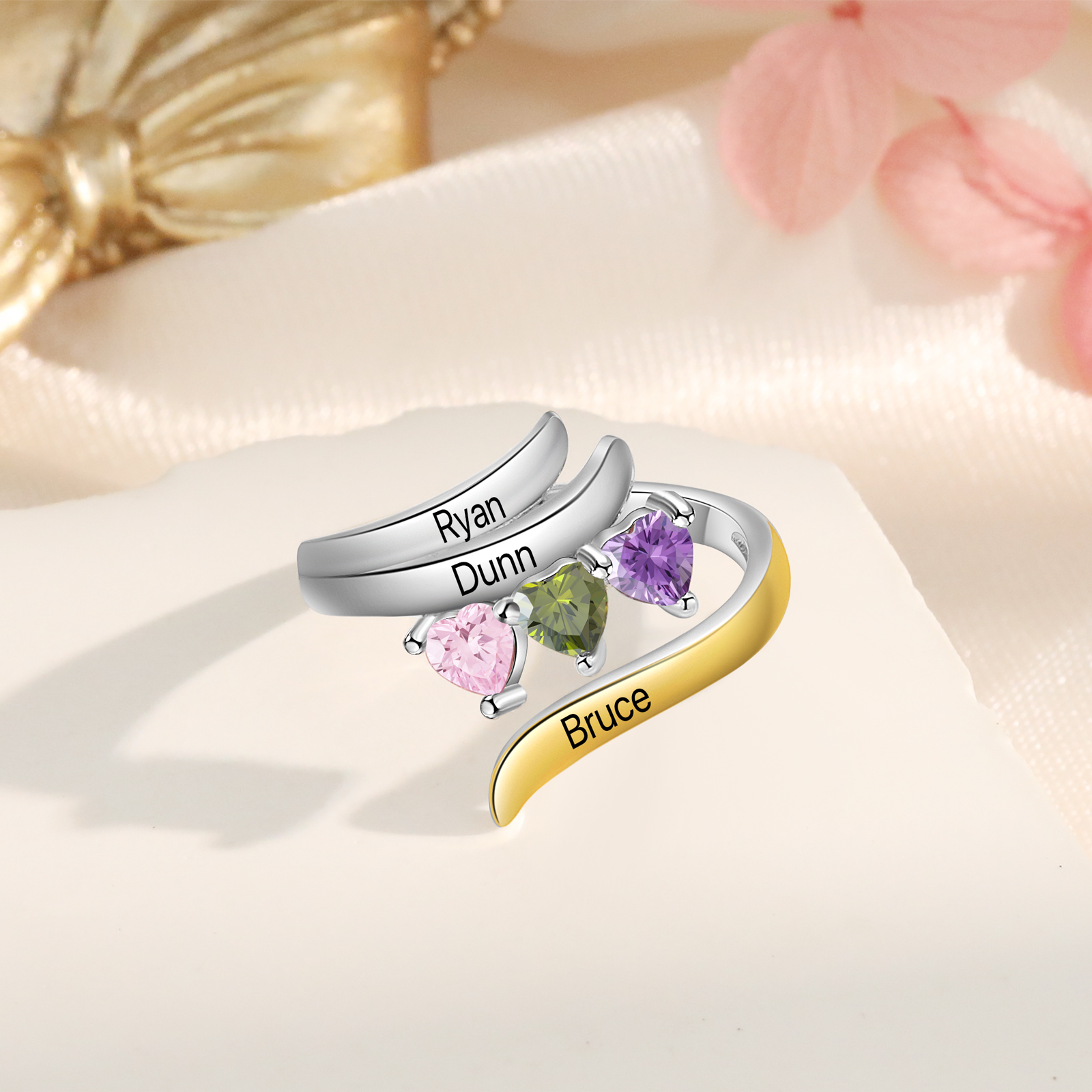 3 Names - Personalized 3 Birthstones and 3 Names Beautiful Ring, Customized Gift for Her