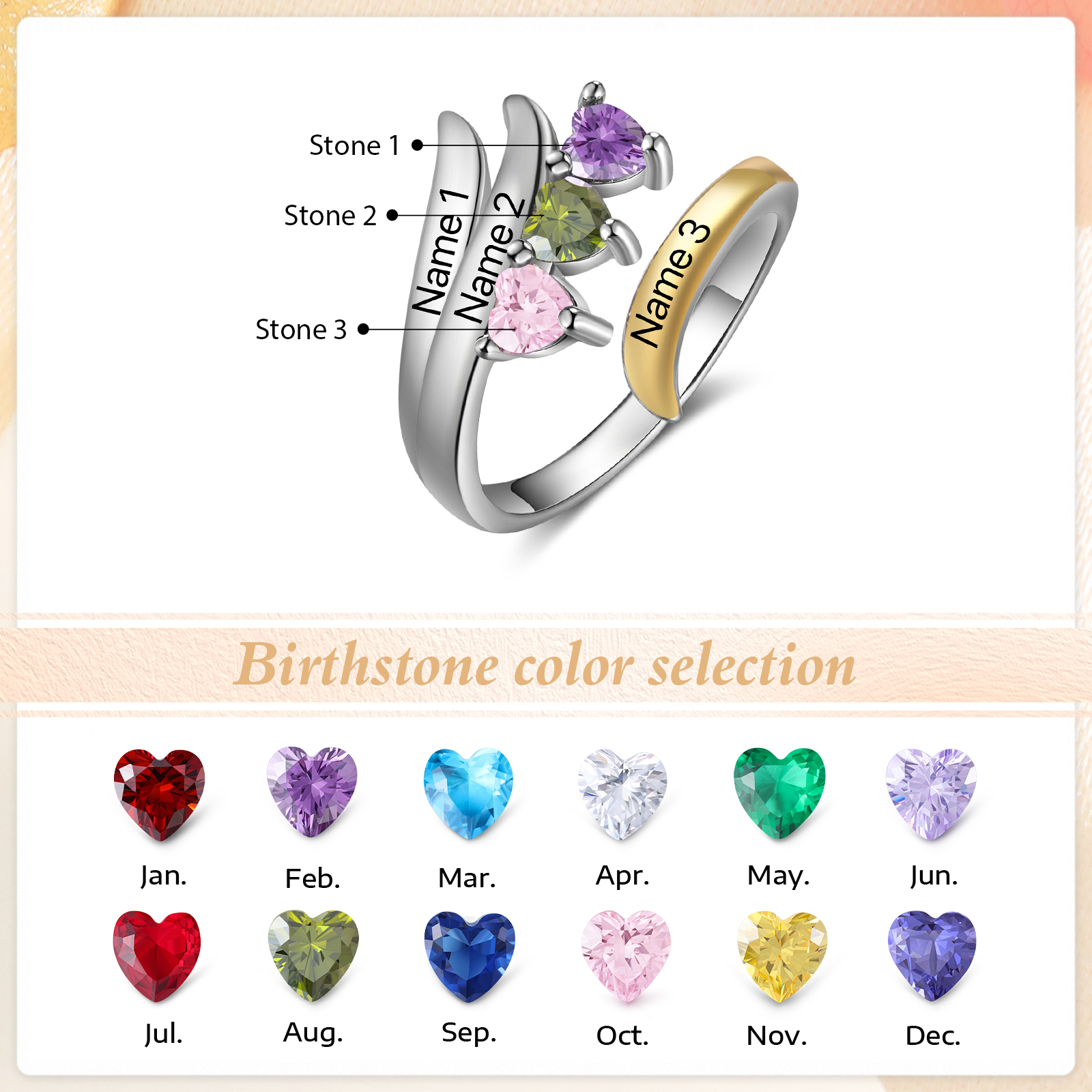 3 Names - Personalized 3 Birthstones and 3 Names Beautiful Ring, Customized Gift for Her