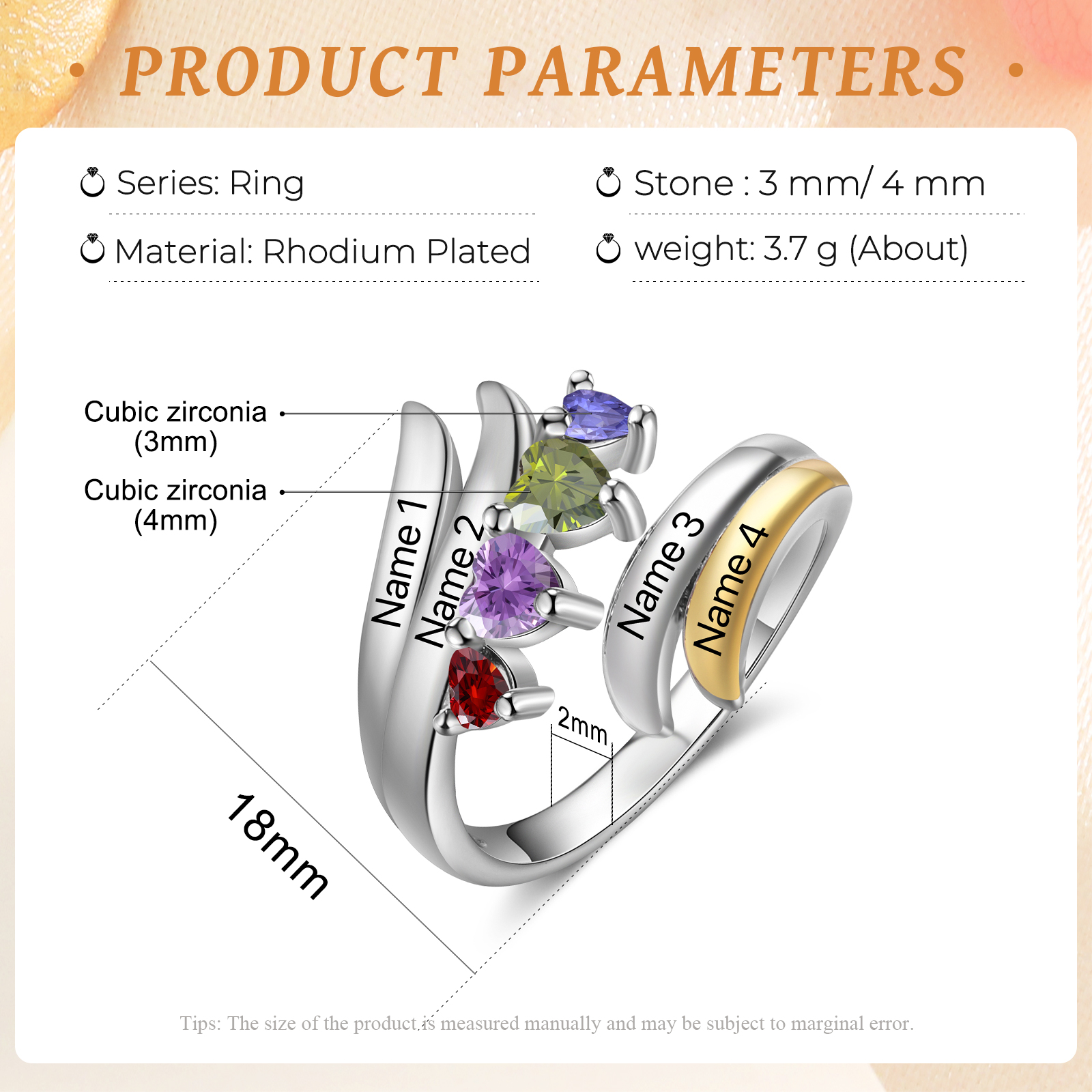 4 Names - Personalized 4 Birthstones and 4 Names Beautiful Ring, Customized Gift for Her