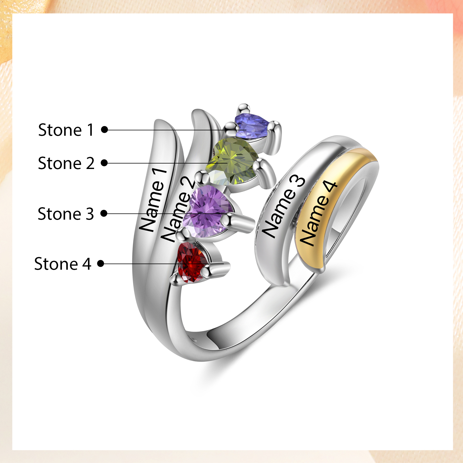 4 Names - Personalized 4 Birthstones and 4 Names Beautiful Ring, Customized Gift for Her