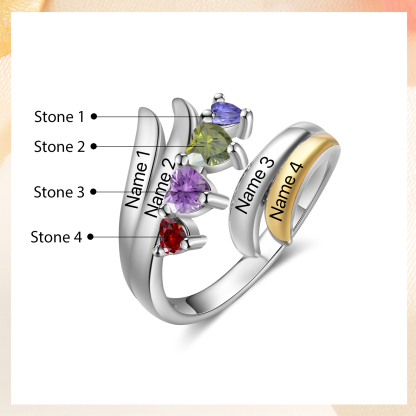 4 Names - Personalized 4 Birthstones and 4 Names Beautiful Ring, Customized Gift for Her