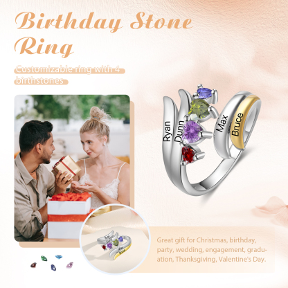 4 Names - Personalized 4 Birthstones and 4 Names Beautiful Ring, Customized Gift for Her