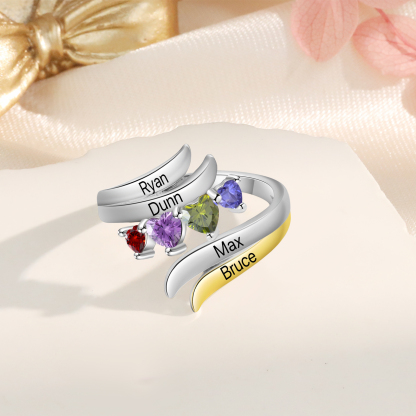 4 Names - Personalized 4 Birthstones and 4 Names Beautiful Ring, Customized Gift for Her