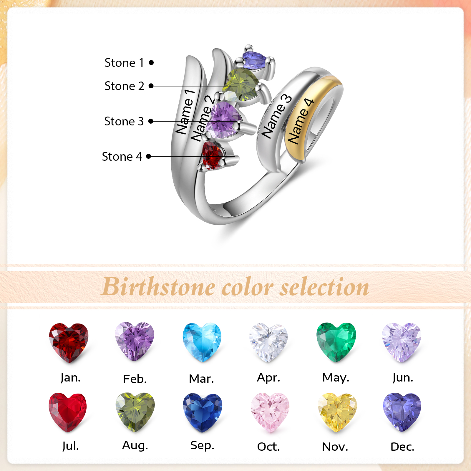 4 Names - Personalized 4 Birthstones and 4 Names Beautiful Ring, Customized Gift for Her