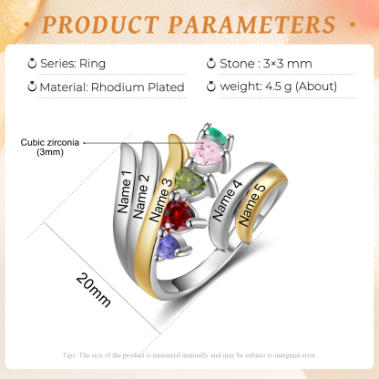 5 Names - Personalized 5 Birthstones and 5 Names Beautiful Ring, Customized Gift for Her