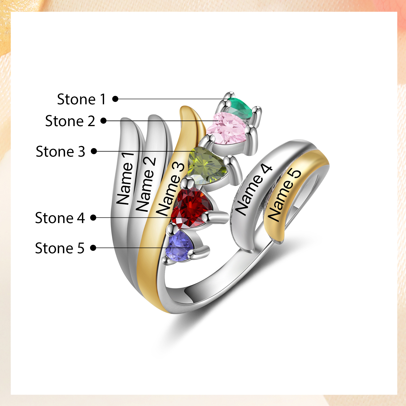 5 Names - Personalized 5 Birthstones and 5 Names Beautiful Ring, Customized Gift for Her
